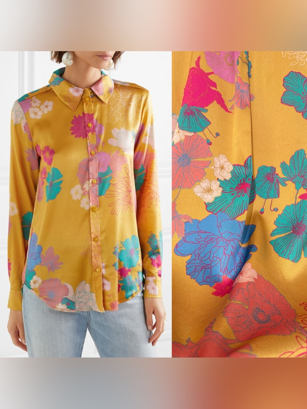 NWT Stine Goya Maxwell Floral-print Silk-blend Charmeuse Shirt Marigold SizeM